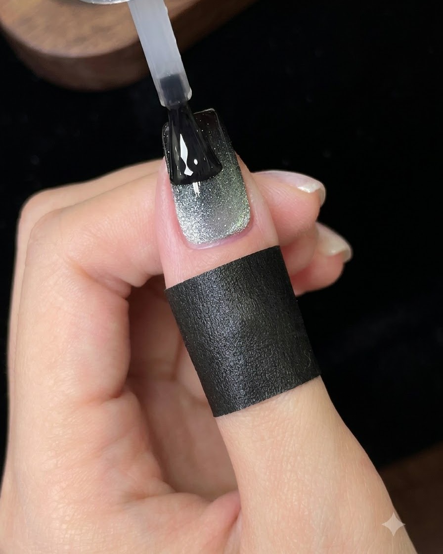 Pędzelek nakładający ostateczną warstwę błyszczącego topu na gotowy paznokieć galaxy cat eye.