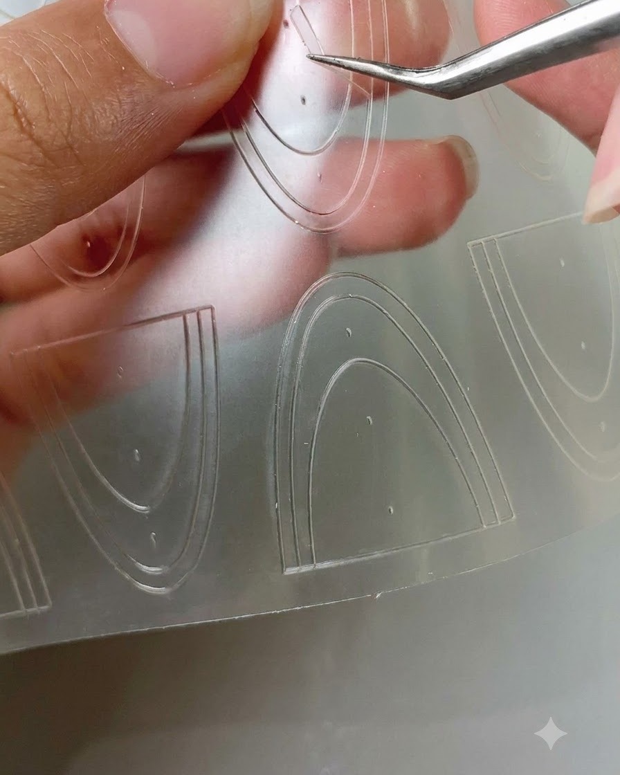 Pęseta zdejmująca wygięty pasek do francuskiego manicure z przezroczystego arkusza z naklejkami.