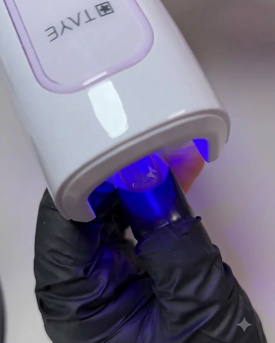 Dłoń wewnątrz białej lampy UV/LED do paznokci utwardzająca ostatnią, błyszczącą warstwę topu.