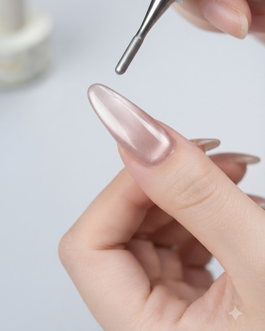 Narzędzie magnetyczne unoszące się nad wykończonym paznokciem cat-eye, ukazujące scentralizowany, świecący efekt szklanej kuli.