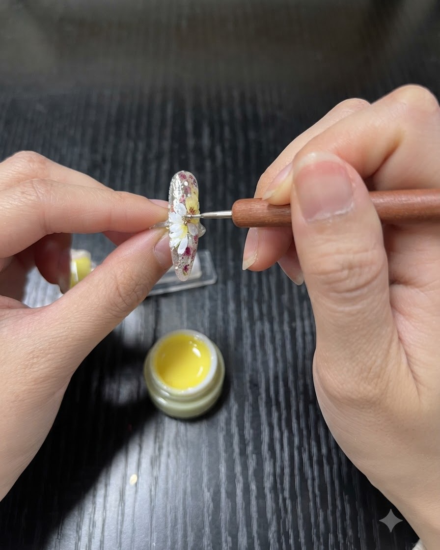 Sonda do zdobień nakładająca żółty żel na środek białych płatków stokrotki na paznokciu.