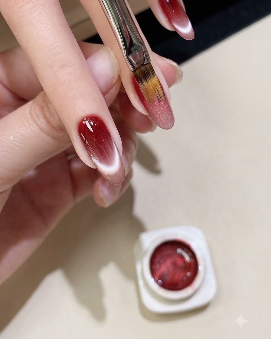 Płaski pędzelek nakładający iskrzący żel magnetyczny cat-eye bezpośrednio na paznokieć z czerwonym gradientem.