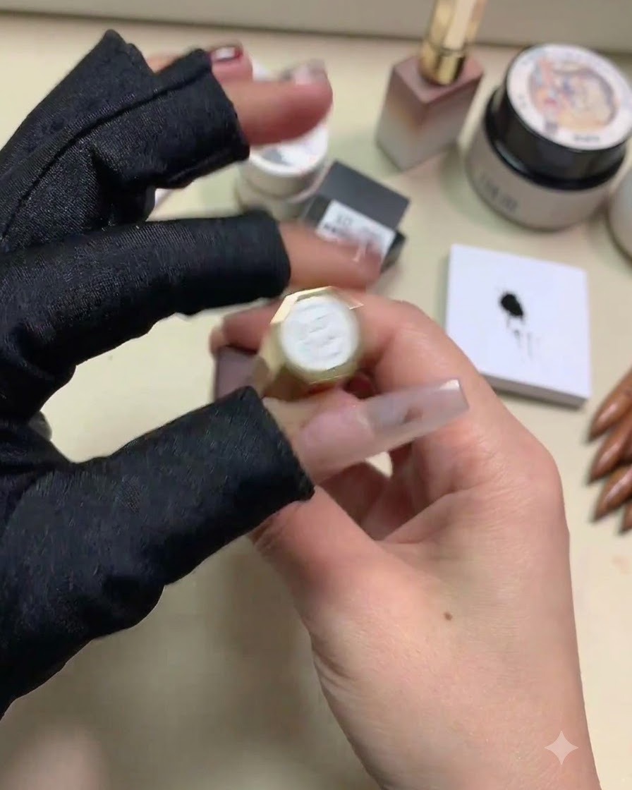 Dłoń trzymająca buteleczkę lakieru hybrydowego Nail Love 60-kolorowy zestaw odcień 53 bordowa czerwień.