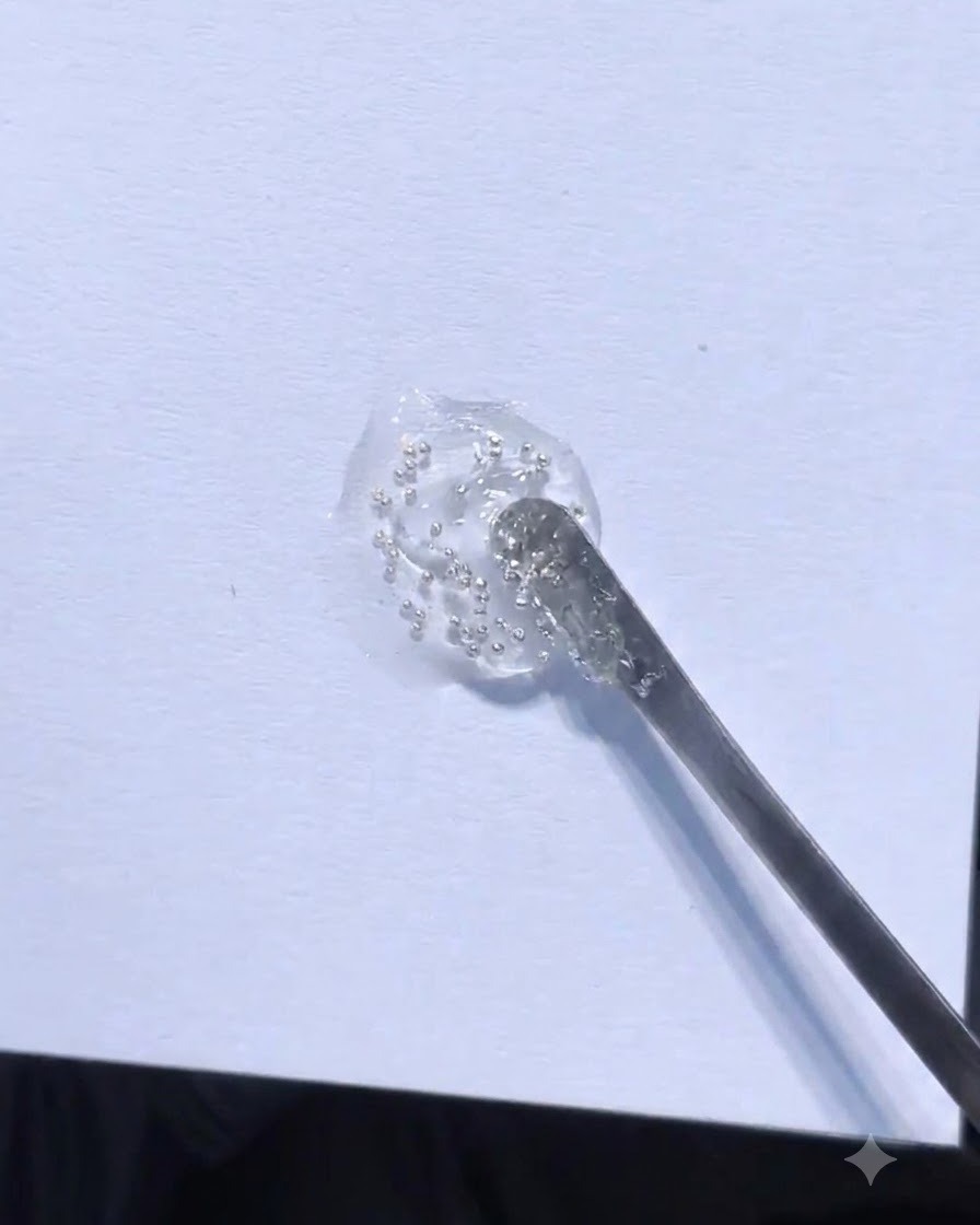 Metalowa szpatułka do paznokci mieszająca przezroczysty top coat z maleńkimi srebrnymi kuleczkami na białym papierze.