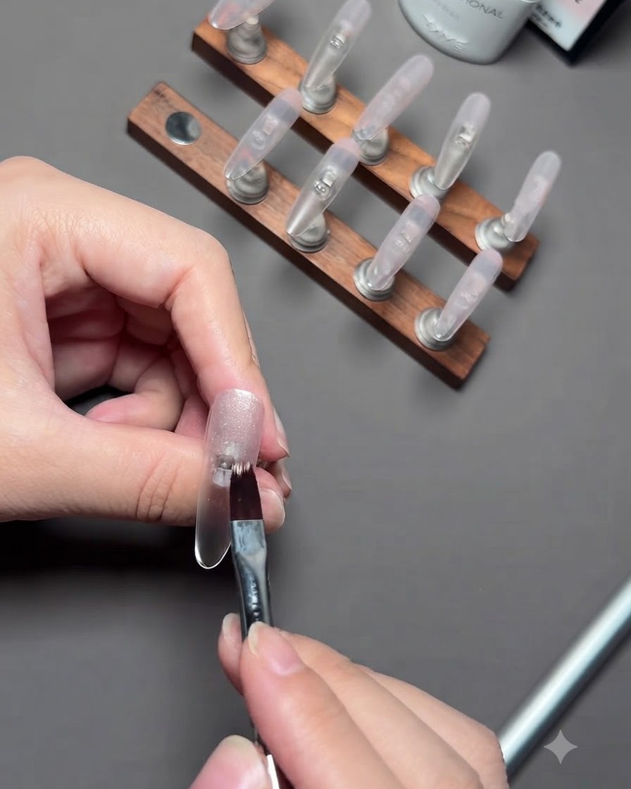 Štetec nanášajúci strieborný cat-eye gél na telový necht namontovaný na drevenom stojane.