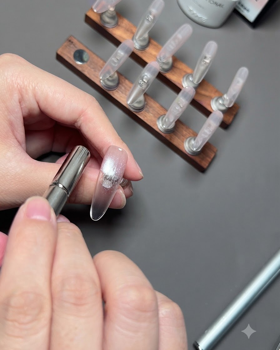 Valcová magnetická palička držaná blízko nechtu palca na sústredenie strieborného cat-eye lesku.
