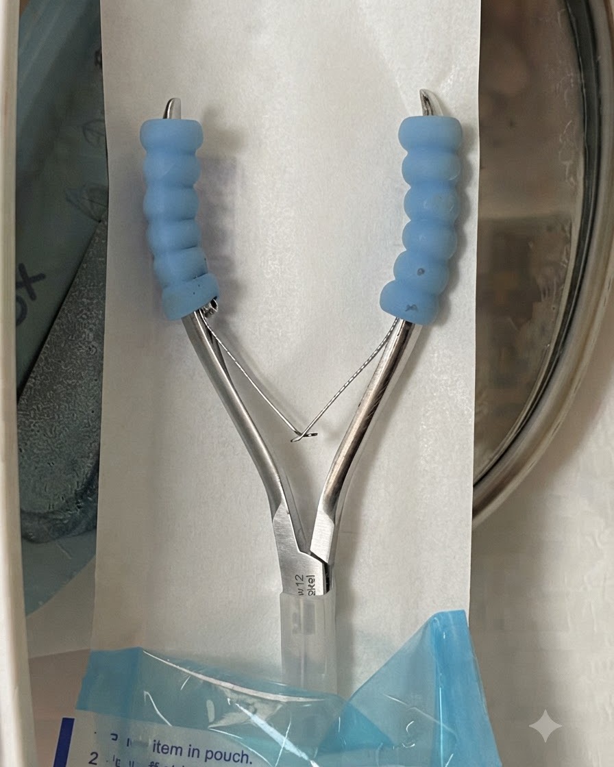 Para sterylnych metalowych cążek do skórek leżących w otwartej torebce ochronnej.