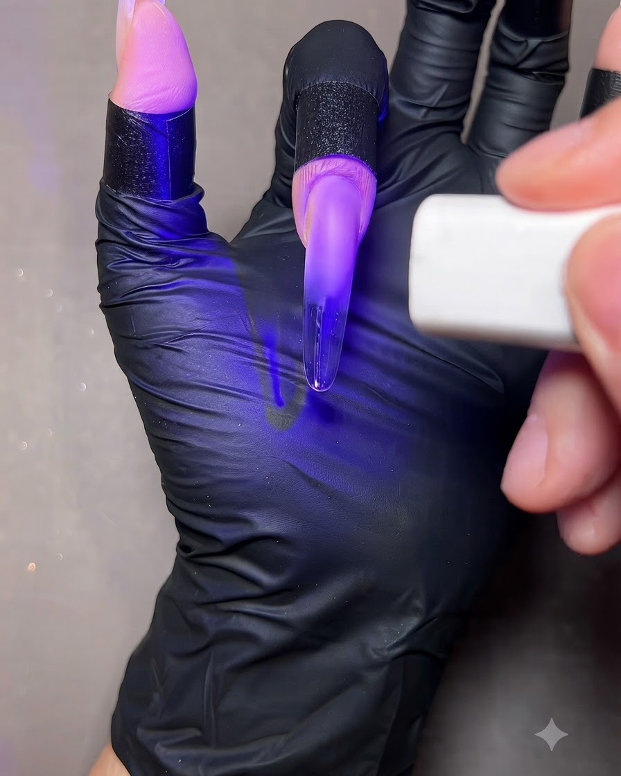 Palec z przezroczystym przedłużeniem paznokcia trzymany pod fioletowym światłem przenośnej lampy UV/LED.