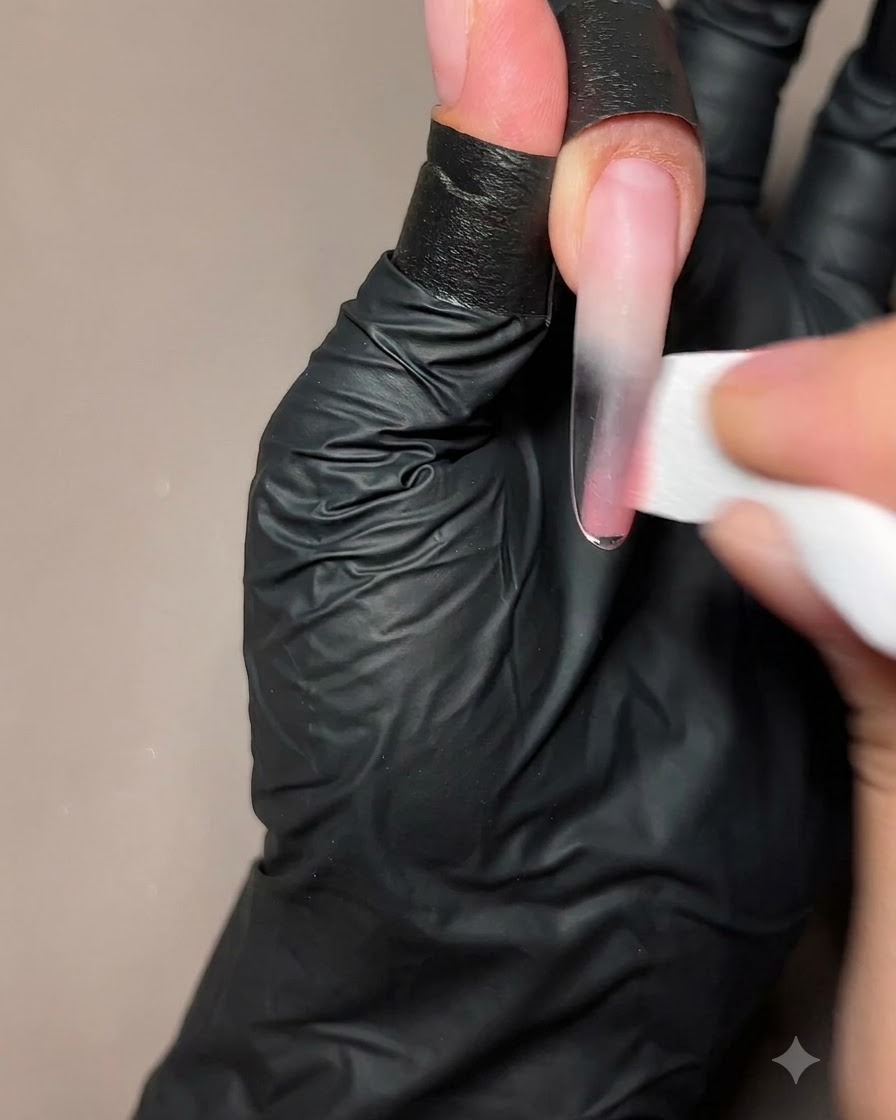 Dłoń używająca gąbeczki do makijażu do wklepania półprzezroczystego brzoskwiniowego żelu na dolną połowę długiego przedłużenia paznokcia.