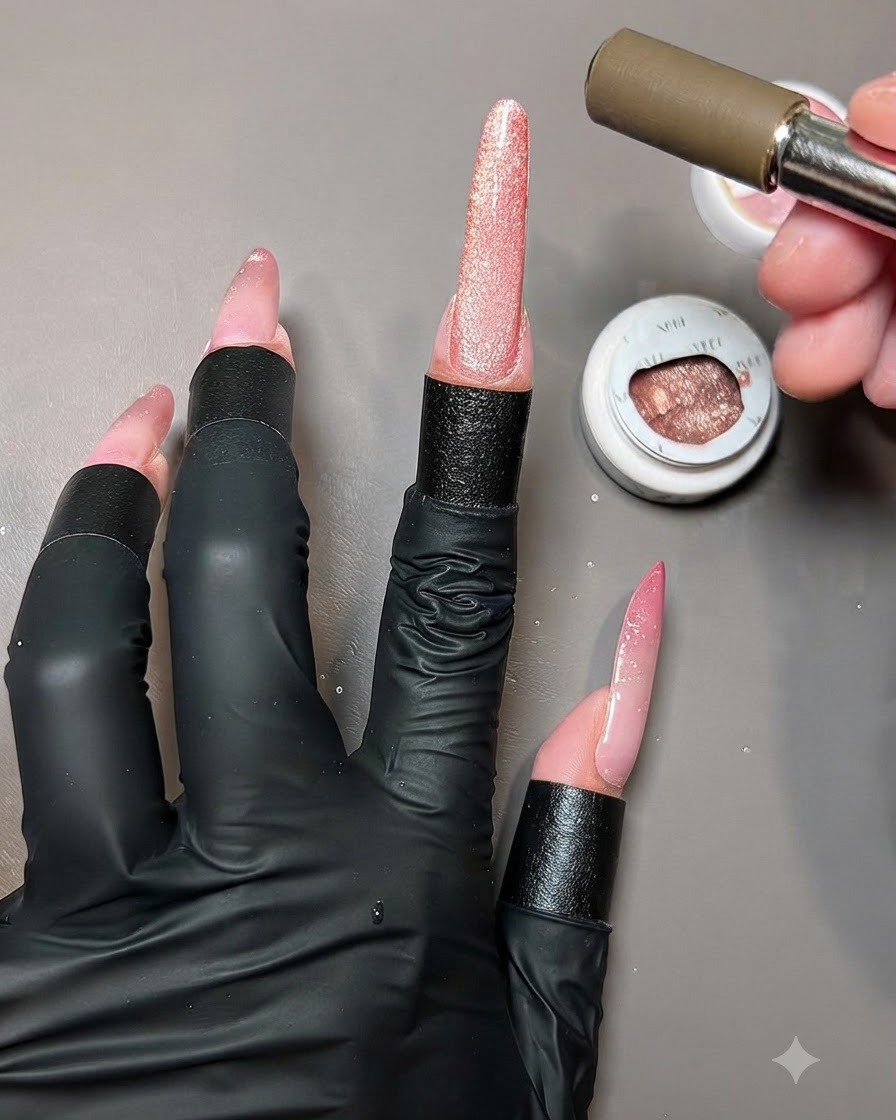 Magnes kształtujący refleks cat-eye na dłoni z wieloma ukończonymi przedłużeniami paznokci.