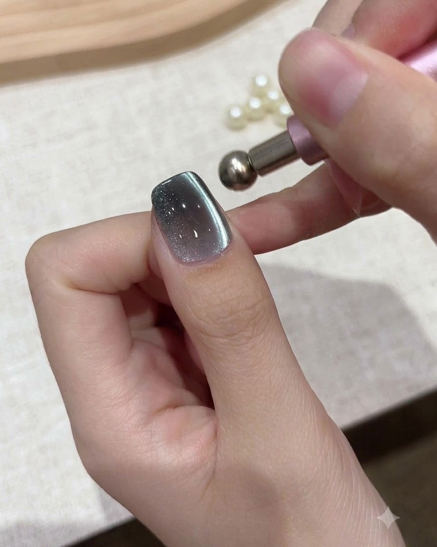 Ein kleines kugelförmiges Magnetwerkzeug wird nah an die Nagelhaut eines gel-lackierten Nagels gehalten, um Schimmerpartikel zu verschieben.