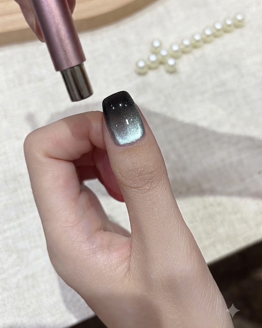 Ein zylindrischer Magnet schwebt in der Nähe der rechten Kante eines mit Cat-Eye-Gel lackierten Nagels.