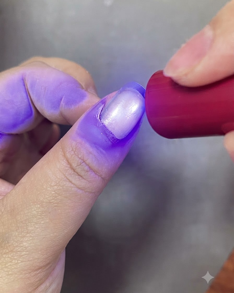 Paznokieć utwardzający się pod fioletowym światłem lampy UV do paznokci.