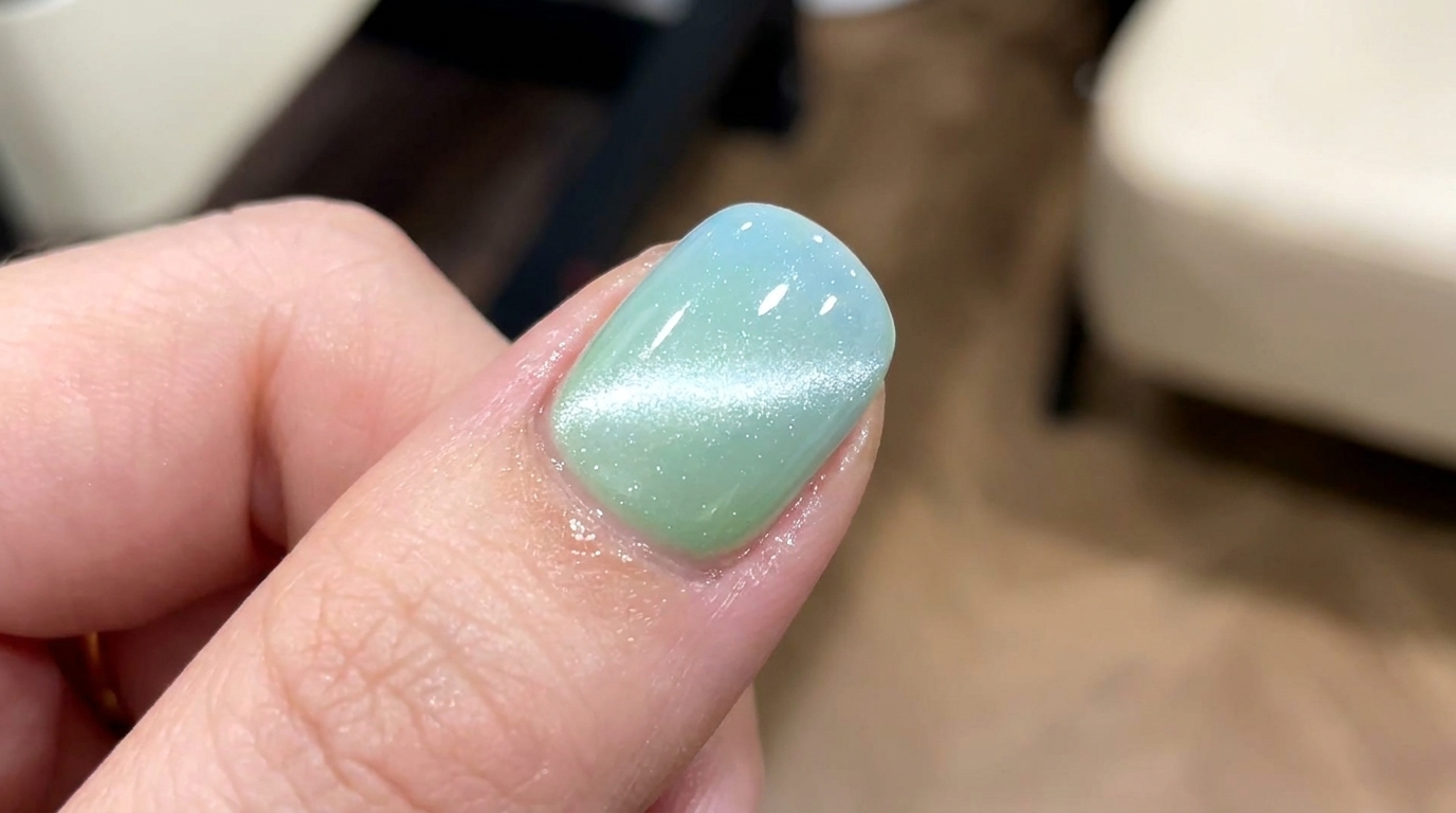 Świeże niebiesko-zielone paznokcie gradientowe z efektownym cat-eye aurora — tutorial krok po kroku
