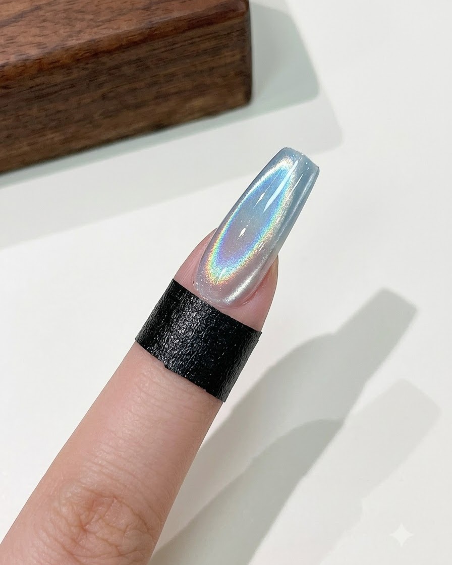 Gotowy długi paznokieć w kształcie trumienki z holograficzną, świetlistą linią cat eye na tle ombre.