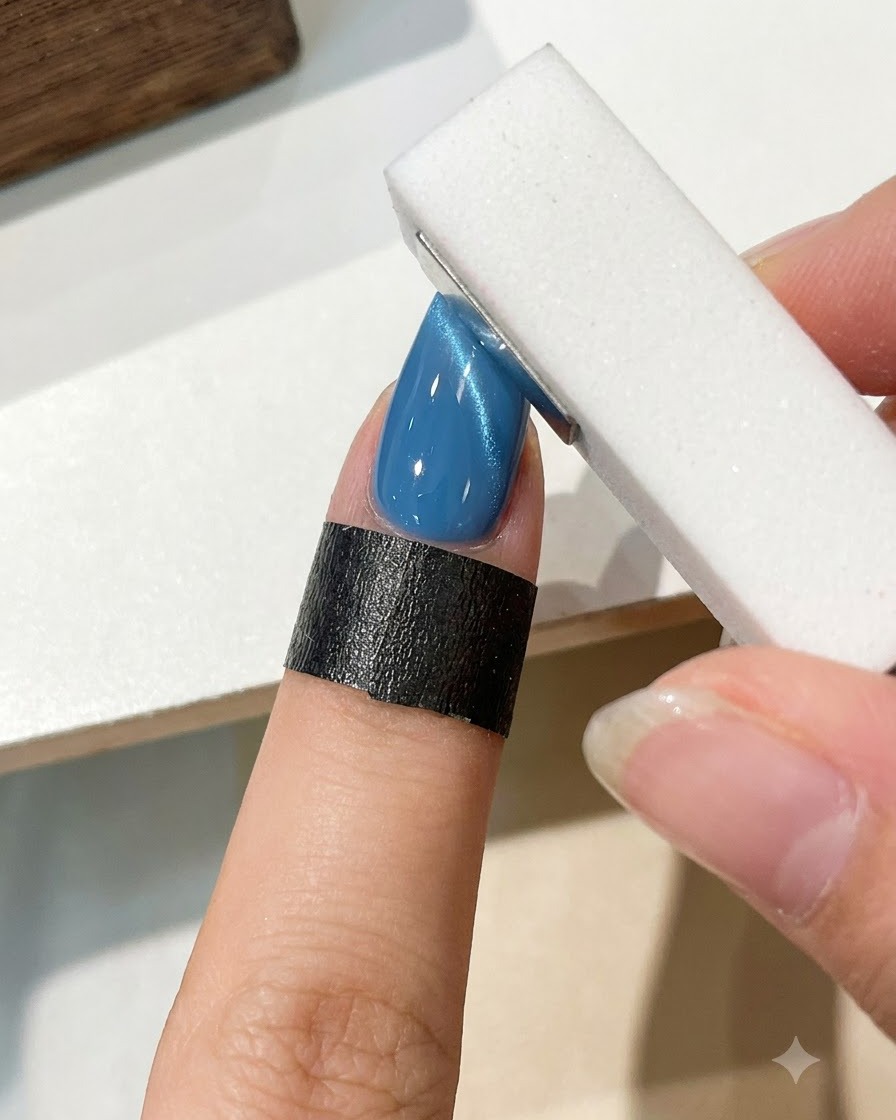 Pędzelek nakładający błyszczący przezroczysty top coat na wymodelowany niebieski paznokieć cat eye.