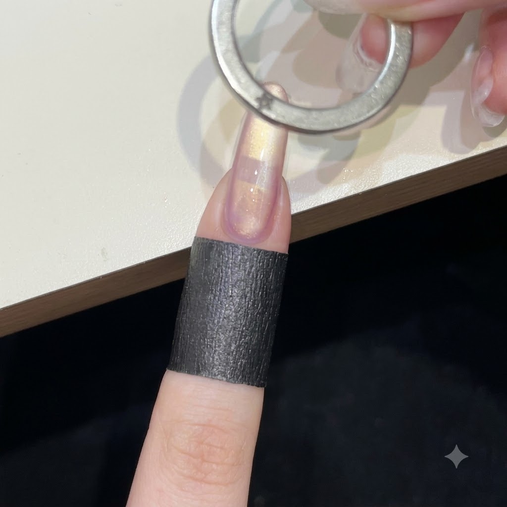 Trzymanie okrągłego magnesu pierścieniowego poziomo nad mokrym żelem cat-eye w celu stworzenia wirującego, magnetycznego wzoru wstążki.