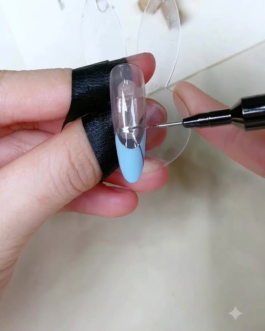 Narzędzie precyzyjne nanoszące malutkie kropki przezroczystego żelu mocującego na srebrną linię manicure francuskiego.