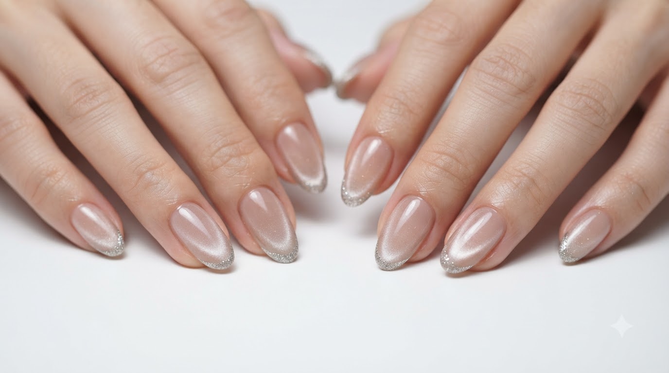 Proste French Cat-Eye-Nails z Srebrnymi Brokatowymi Końcówkami — Tutorial Krok po Kroku