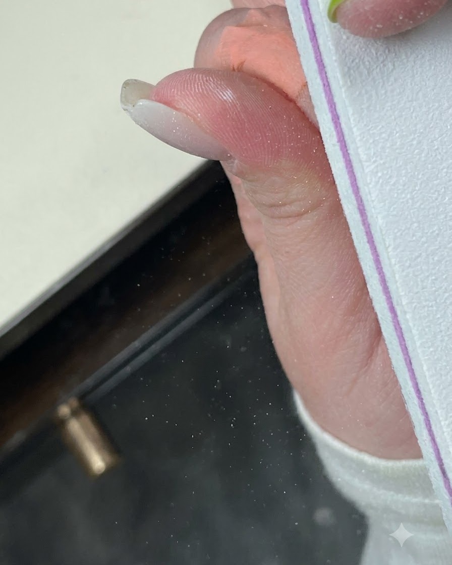 Cienki pędzelek malujący cienką jasnoniebieską linię wzdłuż linii uśmiechu francuskiego manicure.