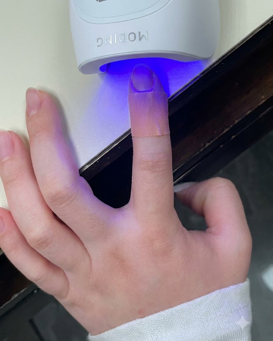 Pędzelek aplikujący bezbarwny, błyszczący top coat na ozdobiony paznokieć francuskiego manicure.
