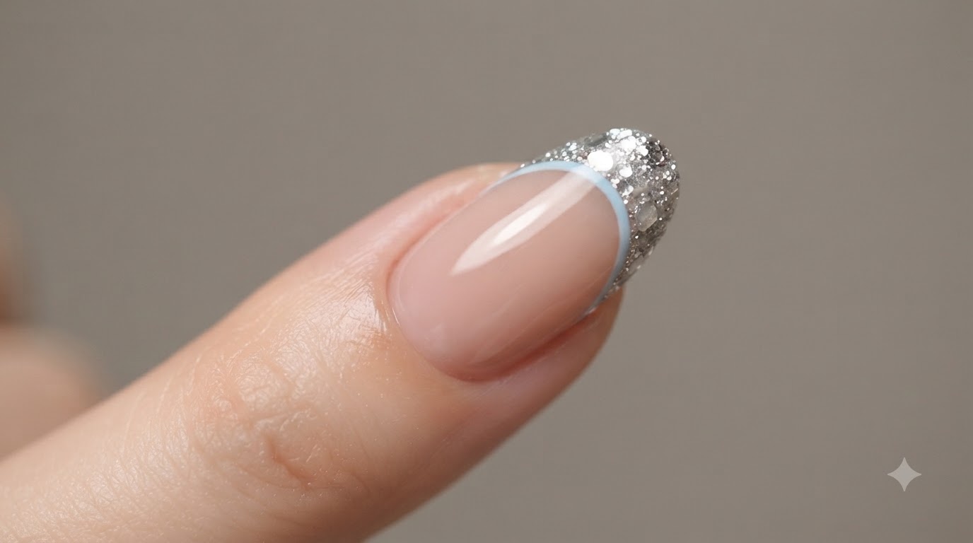 Francuski manicure z brokatem i niebieskimi akcentami — krok po kroku