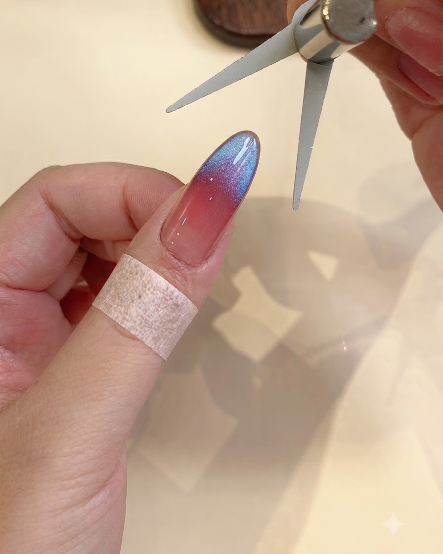 Specjalne narzędzie magnetyczne w kształcie nożyczek trzymane wokół końcówki paznokcia w celu uzyskania ostrego efektu cat-eye french.