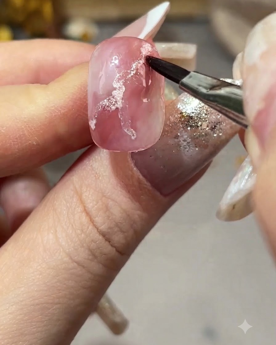 Cienki pędzelek do nail art rozmywający krawędzie różowego płynu na marmurkowym paznokciu.
