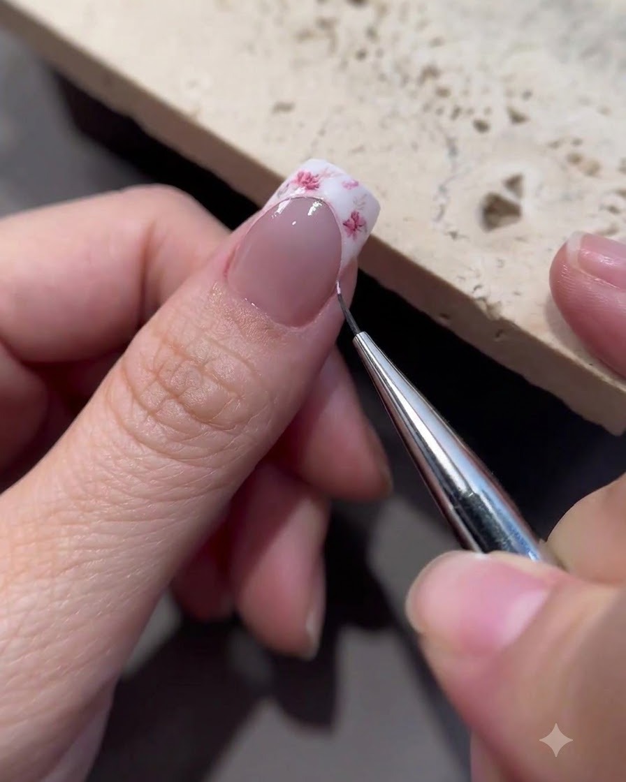 Cienki pędzelek liniowy schludnie obrysowujący zakrzywioną krawędź końcówki manicure francuskiego.