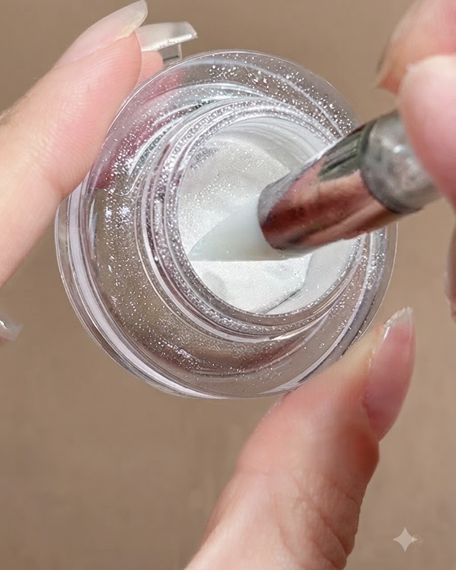 Narzędzie z silikonową końcówką zanurzane w słoiczku z mieniącym się pyłkiem white-moon chrome.