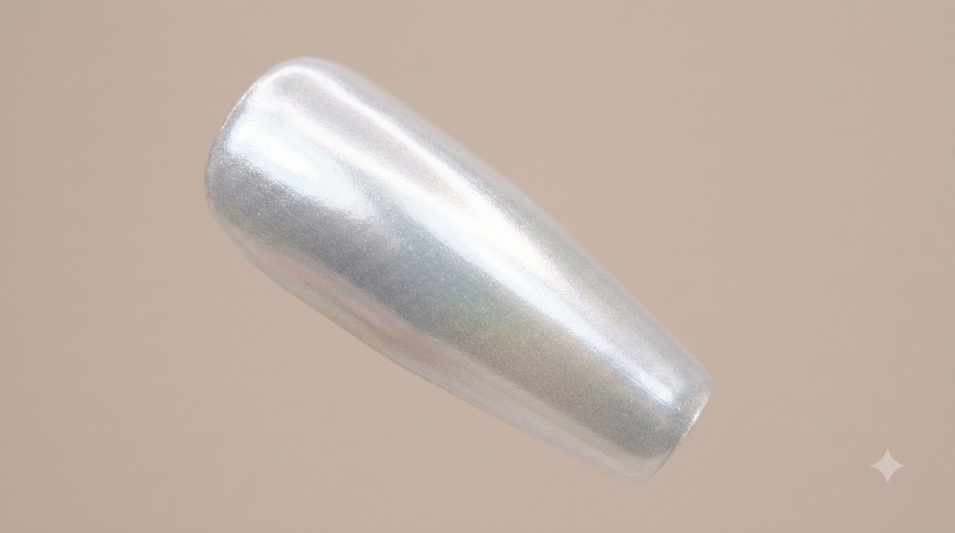 Długie paznokcie o migdałowym kształcie z ultra połyskującym, perłowym wykończeniem white aurora chrome i płynnym efektem gradientu.