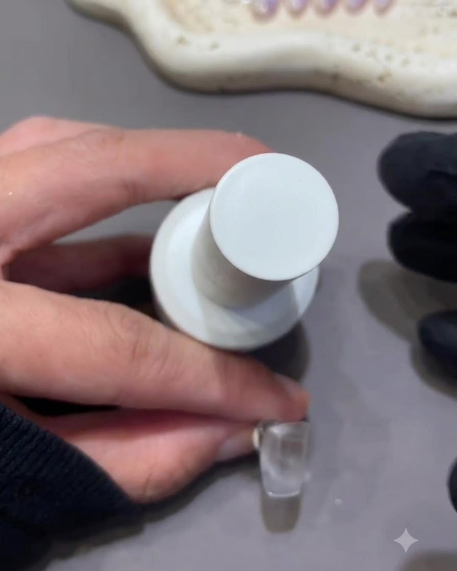 Nahaufnahme eines Pinselpinsels mit einer Flasche Nude-Aufbaugel neben einem unlackierten künstlichen Nagel.