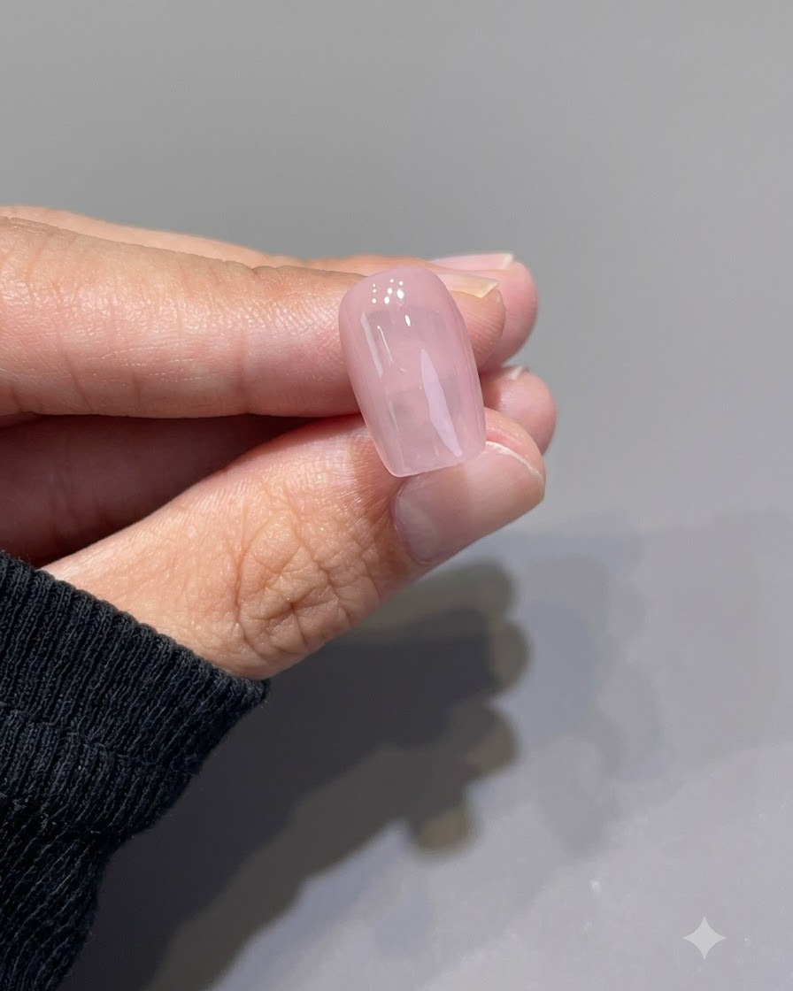 Ein einzelner glänzender, transparenter Rosa-Nagel zwischen Fingern nach dem Aushärten.