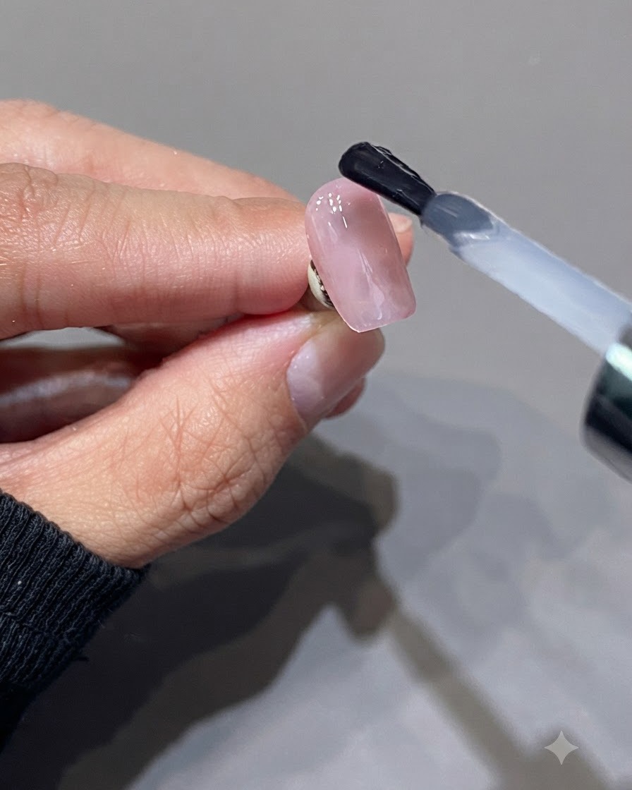 Ein Pinsel trägt einen transparenten, milchig-rosafarbenen Top Coat auf eine glänzende rosa Nageloberfläche auf.