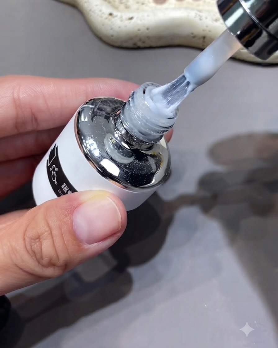 Eine Flasche weißer Chrom-Top-Coat mit hochgehaltenem Applikatorpinsel zeigt die zähflüssige Textur.