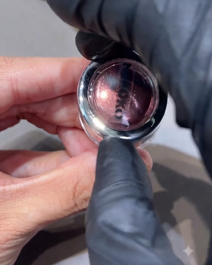Eine bemalte Hand hält ein kleines Glas berryrosa Chrompulver neben einem Schwamm-Applikator.