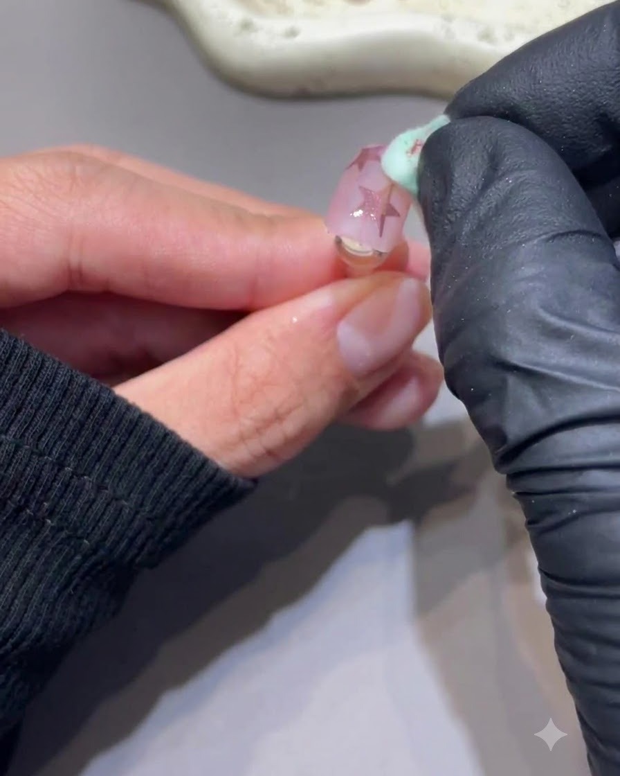 Ein sauberer Schwamm bürstet überschüssiges Pulver sanft von einem Nagel mit rosa Chrom-Sternen ab.