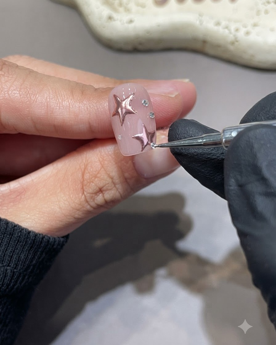 Ein Detail-Werkzeug platziert kleine funkelnde Strasssteine auf einem rosa Nagel, der mit Chrom-Sternen dekoriert ist.