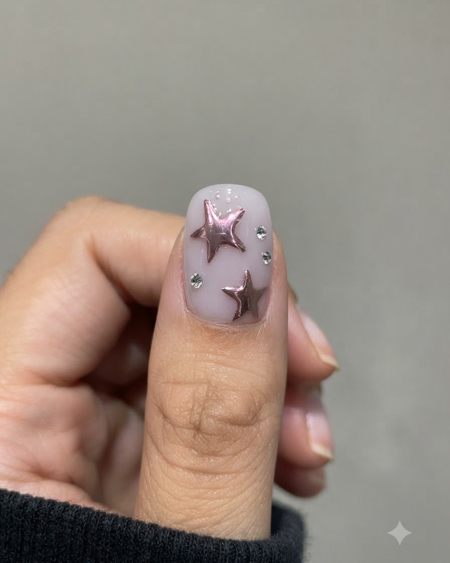 Nahaufnahme einer Hand mit dekorierten Stern-Nail-Art und Strasssteinen in einer kompakten UV-/LED-Nagellampe.