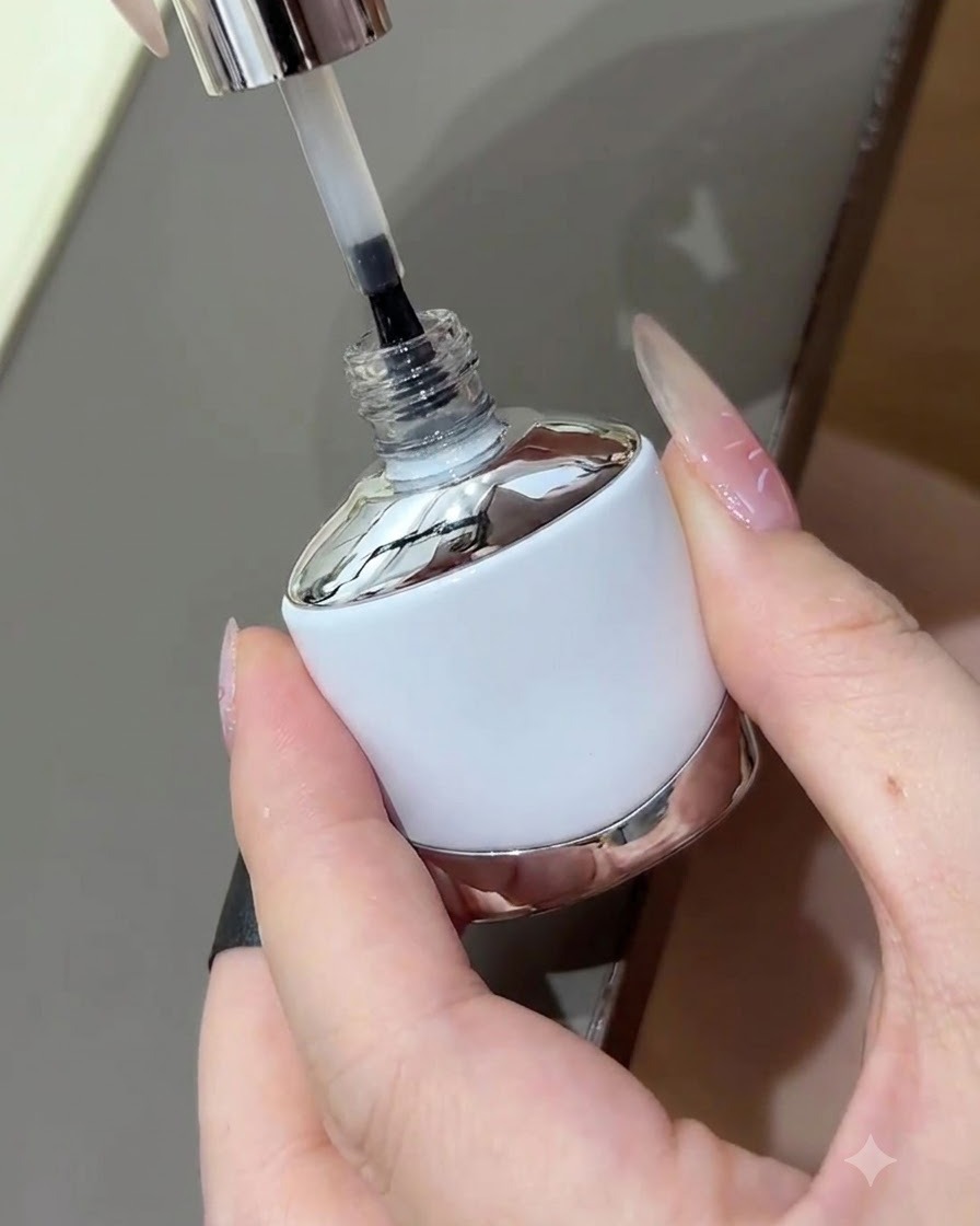 Buteleczka topu do paznokci z uniesionym pędzelkiem, gotowa do nałożenia ochronnego, błyszczącego wykończenia na manicure.