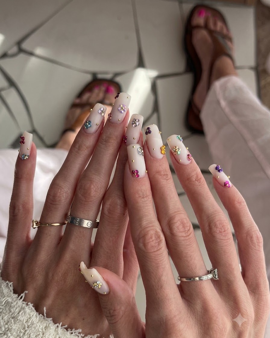 Zbliżenie na palce prawej dłoni prezentujące wielokolorowe detale nail art z motywem kwiatowym i srebrne pierścionki.