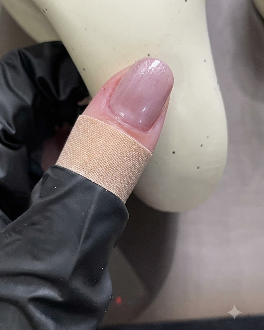 Różdżka magnetyczna trzymana blisko pomalowanego różowym żelem paznokcia w celu aktywacji efektu mienienia.