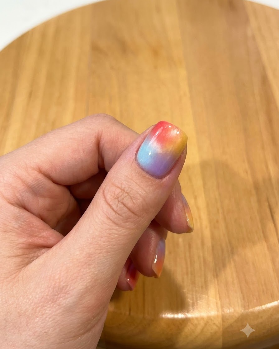 Pędzelek do paznokci nakładający lśniący top coat cat-eye na wielokolorowe tło z gradientem.
