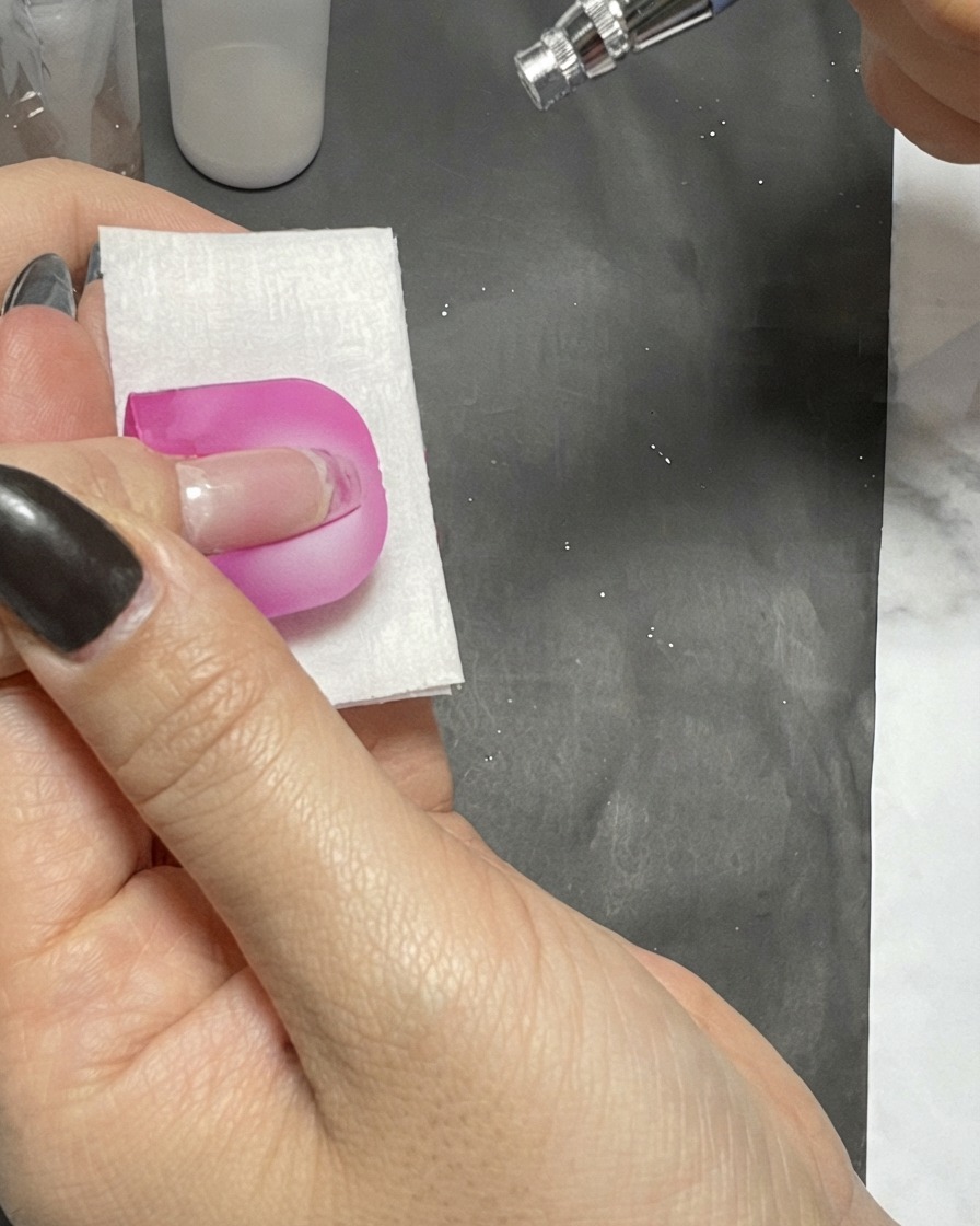 Ein Airbrush-Stift sprüht einen feinen Nebel über einen Nagel, der durch einen rosa Abziehschutz geschützt ist.