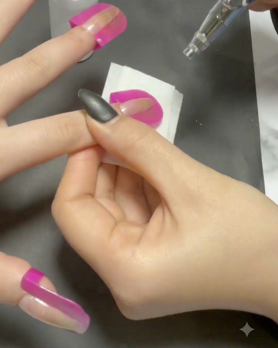 Ein Airbrush-Stift gibt eine zweite feine Farbschicht als Sprühnebel auf den Nagel ab.
