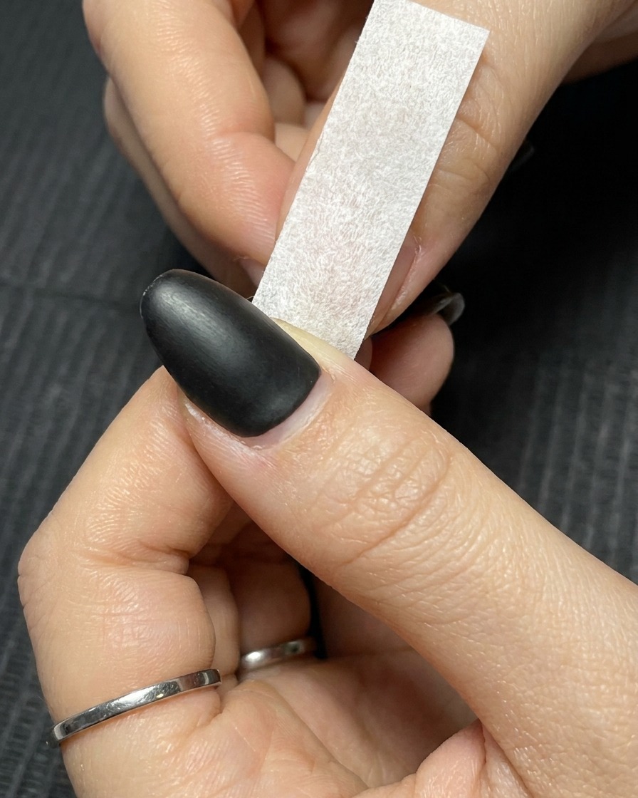 Ein Paar Hände bringt einen kleinen Streifen weißes Abdeckband diagonal über einem dunkel lackierten Nagel an.
