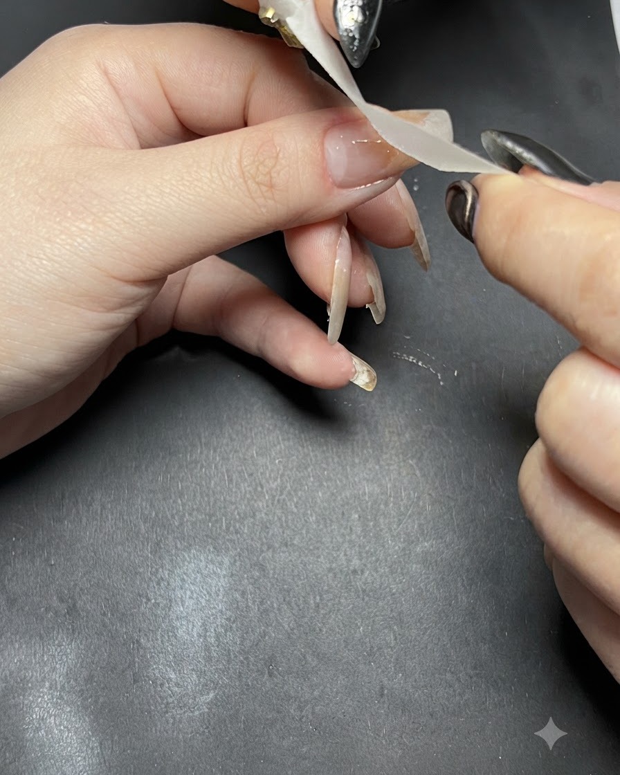 Hände platzieren einen Klebebandstreifen diagonal über einem Nagel, um einen neuen Bereich zum Airbrushen abzutrennen.