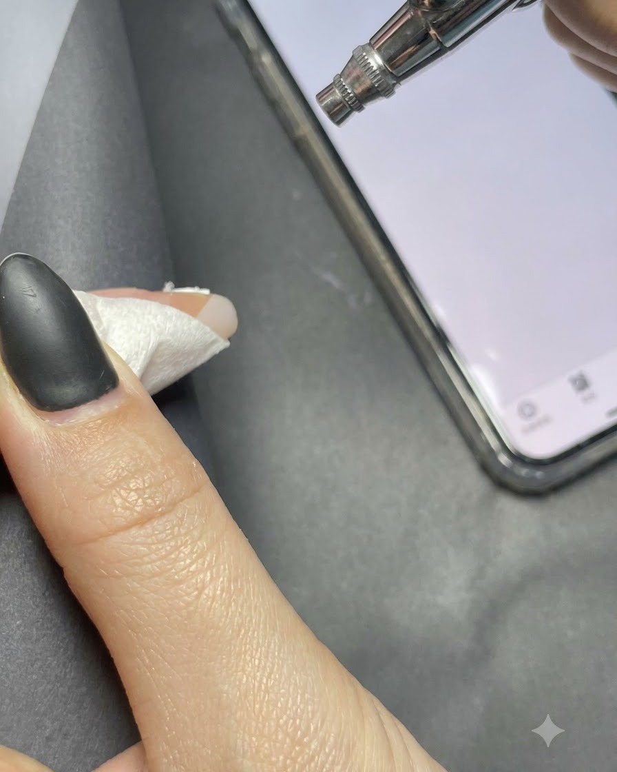 Ein Airbrush-Stift in der Nähe einer Hand neben einem Smartphone-Timer, der den schnellen Anwendungsprozess anzeigt.