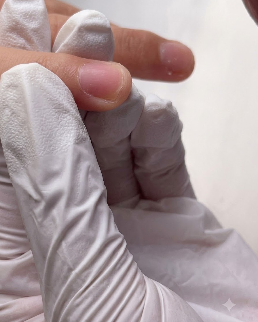 Zbliżenie na palc z okolicą skórek przygotowaną i oczyszczoną z luźnej skóry i zanieczyszczeń.