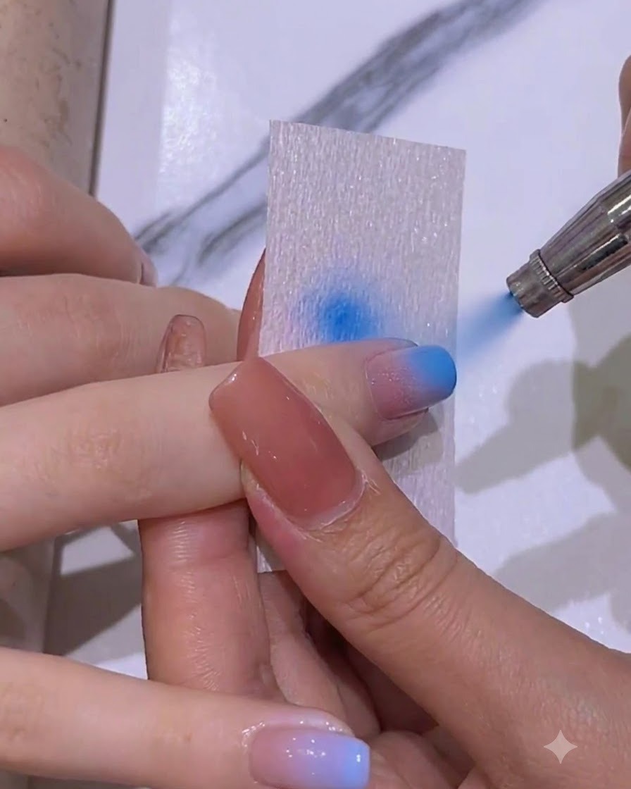 Zbliżenie dłoni trzymającej szablon nad paznokciem, podczas gdy aerograf rozpyla niebieski pigment.